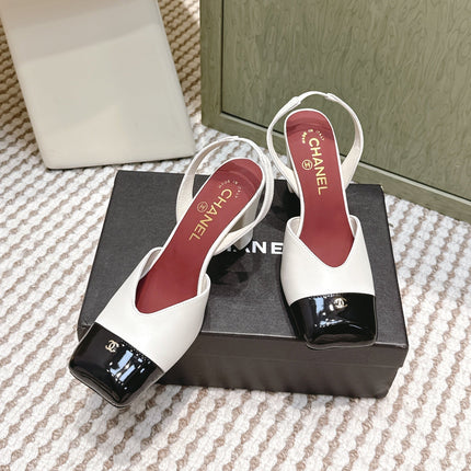 CHANEL 25S HIGH-HEELED SQUARE-TOE SLINGBACK 90MM IN WHITE AND BLACK CALFSKIN