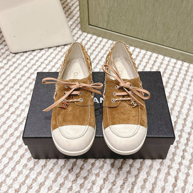 CHANEL 25S MOCCASINS IN BROWN AND LIGHT GREY SUEDE