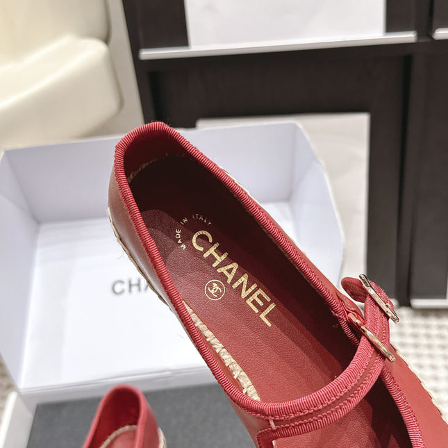 CHANEL 26S MARY JANE FLATS IN DARK RED LAMBSKIN ESPADRILLE SOLE