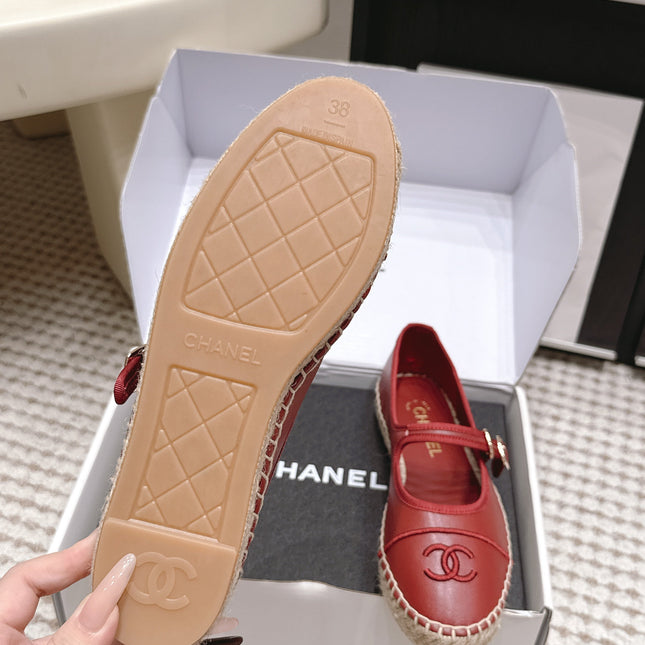 CHANEL 26S MARY JANE FLATS IN DARK RED LAMBSKIN ESPADRILLE SOLE