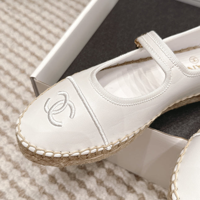 CHANEL 26S MARY JANE FLATS IN WHITE LAMBSKIN ESPADRILLE SOLE