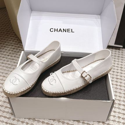 CHANEL 26S MARY JANE FLATS IN WHITE LAMBSKIN ESPADRILLE SOLE