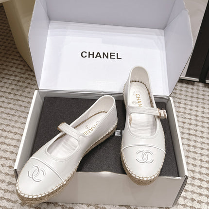 CHANEL 26S MARY JANE FLATS IN WHITE LAMBSKIN ESPADRILLE SOLE