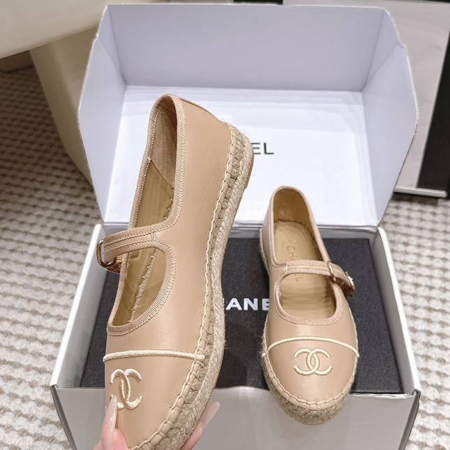 CHANEL 26S MARY JANE FLATS IN BEIGE LAMBSKIN ESPADRILLE SOLE