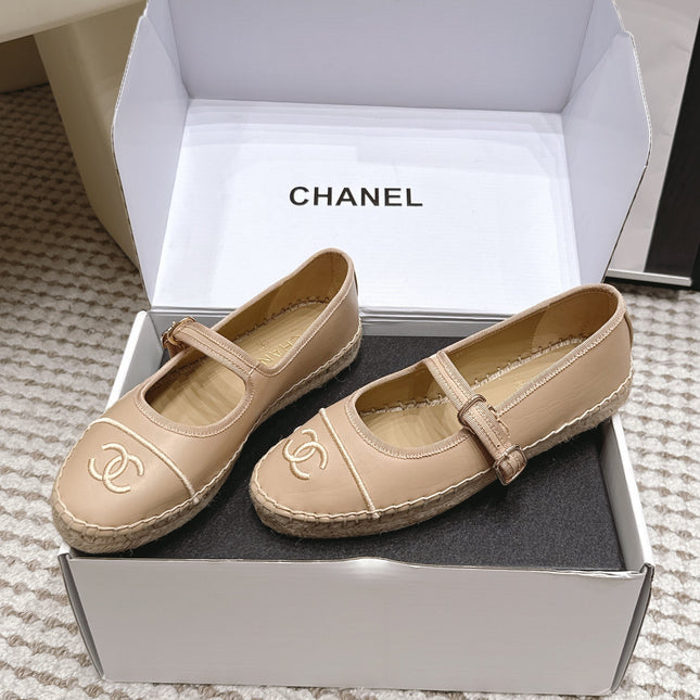 CHANEL 26S MARY JANE FLATS IN BEIGE LAMBSKIN ESPADRILLE SOLE