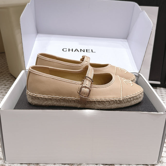 CHANEL 26S MARY JANE FLATS IN BEIGE LAMBSKIN ESPADRILLE SOLE
