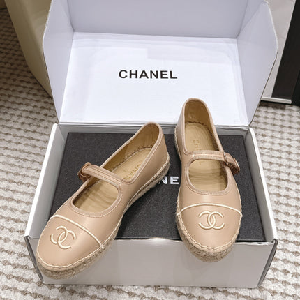 CHANEL 26S MARY JANE FLATS IN BEIGE LAMBSKIN ESPADRILLE SOLE
