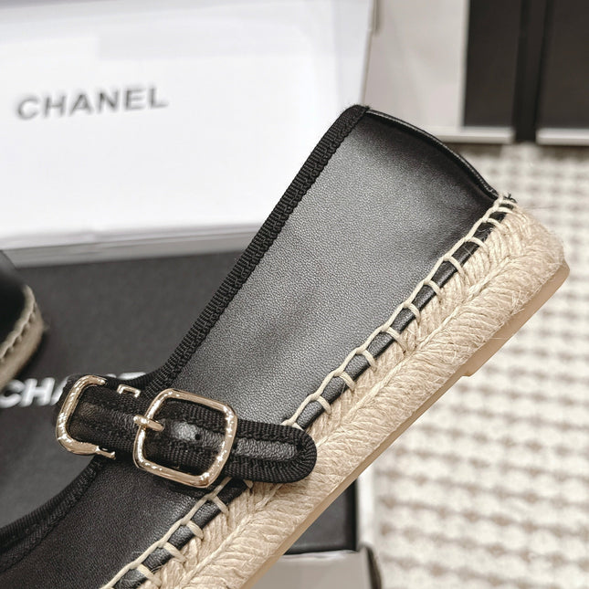 CHANEL 26S MARY JANE FLATS IN BLACK LAMBSKIN ESPADRILLE SOLE