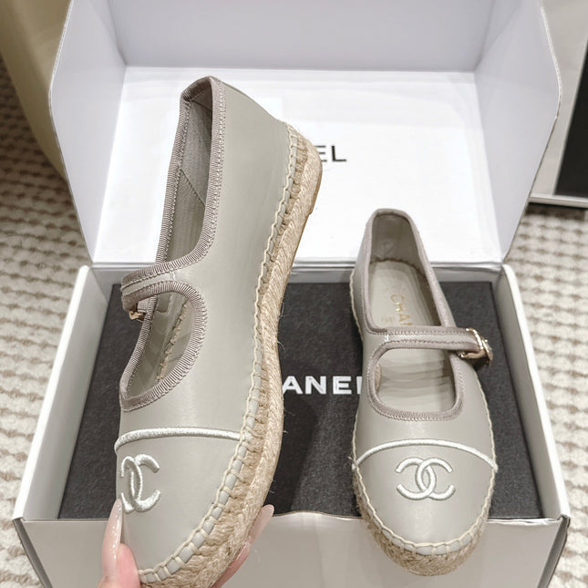 CHANEL 26S MARY JANE FLATS IN GREY LAMBSKIN ESPADRILLE SOLE