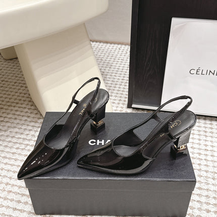 CHANEL 26S HIGH HEEL SLINGBACKS 80 MM IN BLACK PATENT