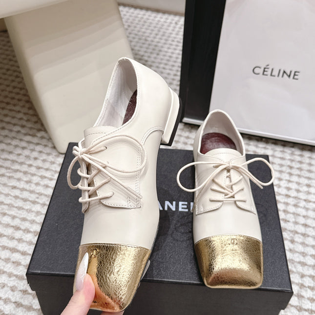 CHANEL 26S LACE-UP OXFORD SHOES IN LIGHT BEIGE CALFSKIN WITH GOLD TOE CAP
