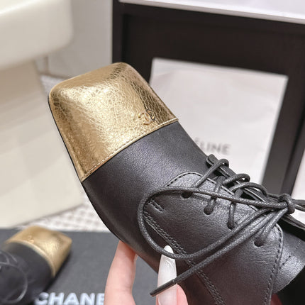 CHANEL 26S LACE-UP OXFORD SHOES IN BLACK CALFSKIN WITH GOLD TOE CAP
