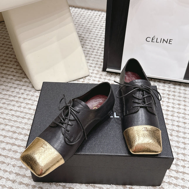 CHANEL 26S LACE-UP OXFORD SHOES IN BLACK CALFSKIN WITH GOLD TOE CAP