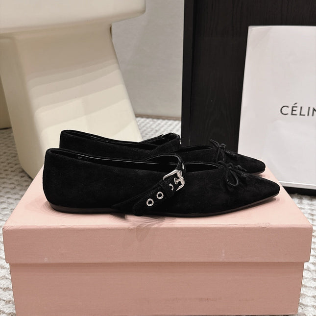 MIUMIU 26S MARY JANE BALLET IN BLACK SUEDE WITH BUCKLE STRAP