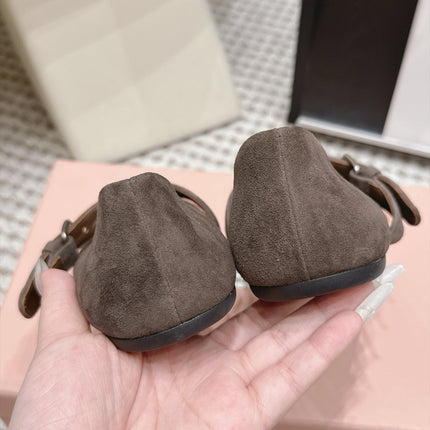 MIUMIU 26S MARY JANE BALLET IN TAUPE BROWN SUEDE WITH BUCKLE STRAP