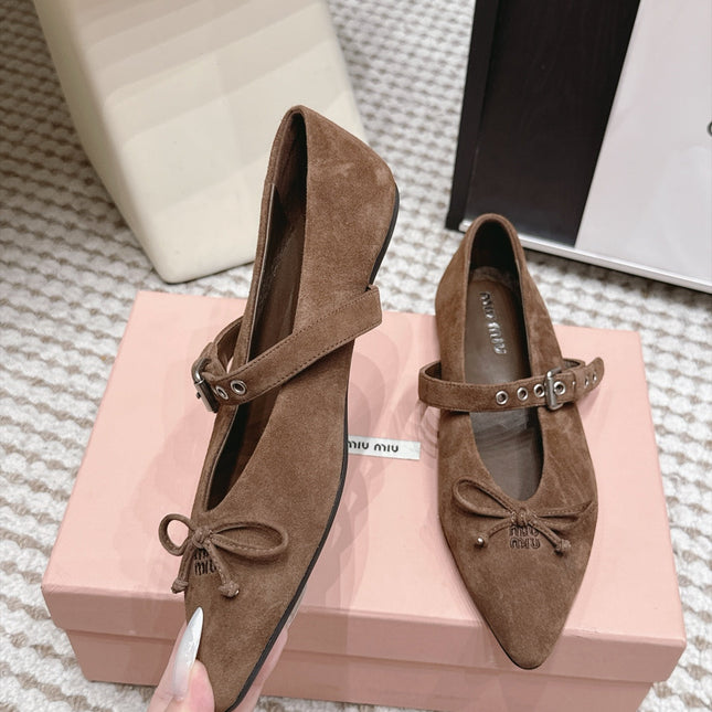 MIUMIU 26S MARY JANE BALLET IN DARK BROWN SUEDE WITH BUCKLE STRAP