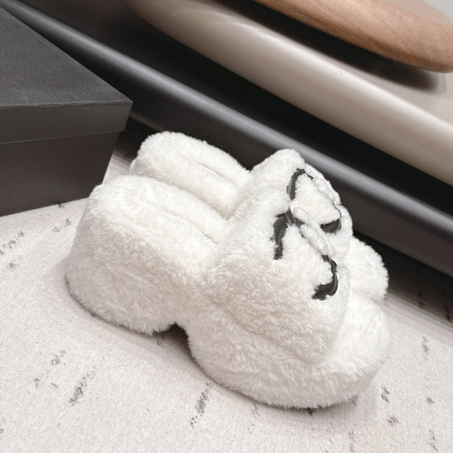 CHANEL 26S HIGH HEEL MULES IN WHITE BLACK SHEARLING