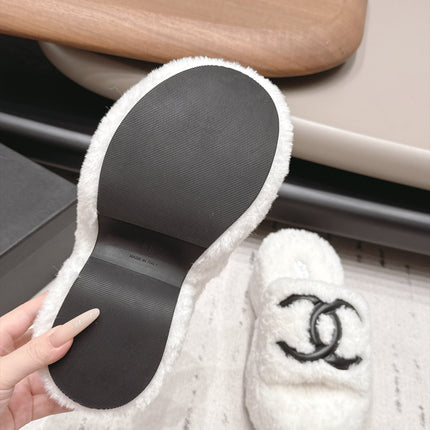 CHANEL 26S HIGH HEEL MULES IN WHITE BLACK SHEARLING