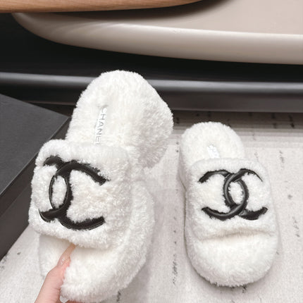 CHANEL 26S HIGH HEEL MULES IN WHITE BLACK SHEARLING