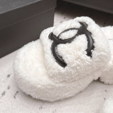 CHANEL 26S HIGH HEEL MULES IN WHITE BLACK SHEARLING