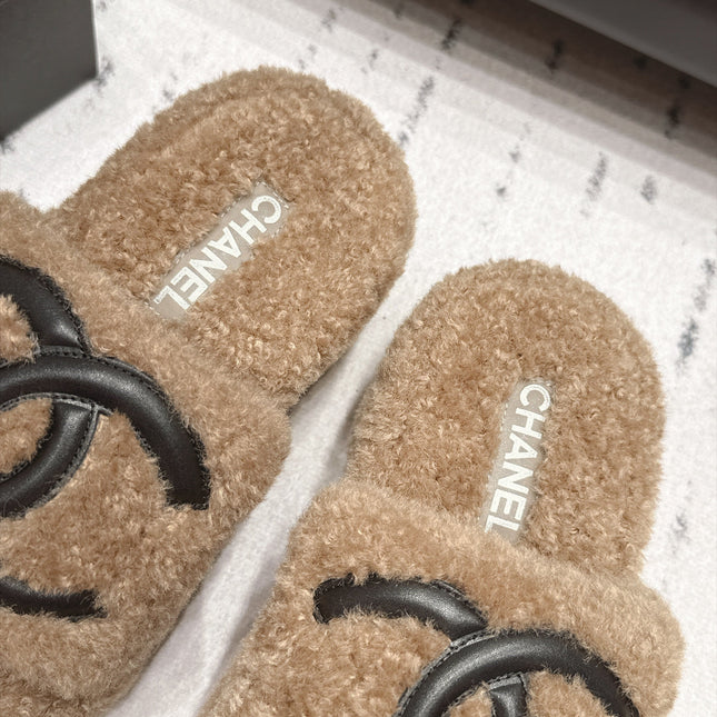 CHANEL 26S HIGH HEEL MULES IN BEIGE BLACK SHEARLING