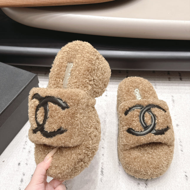 CHANEL 26S HIGH HEEL MULES IN BEIGE BLACK SHEARLING