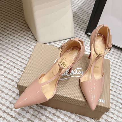 CHRISTIAN LOUBOUTIN 26S T-STRAP PUMP 100 MM IN BEIGE PATENT CALFSKIN