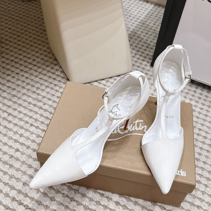 CHRISTIAN LOUBOUTIN 26S T-STRAP PUMP 100 MM IN WHITE PATENT CALFSKIN