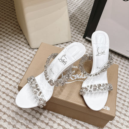 CHRISTIAN LOUBOUTIN 26S HEEL SANDALS 100 MM IN WHITE RHINESTONE-EMBELLISHED CALFSKIN AND PVC