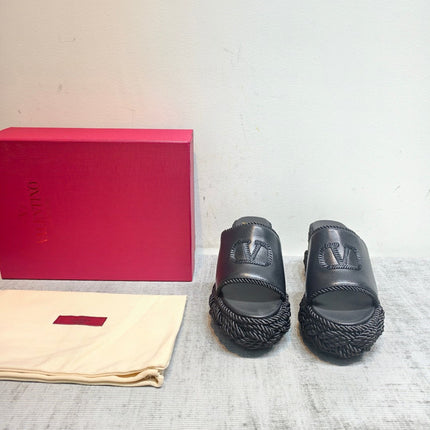 VALENTINO 26S WEDGE SLIDE SANDALS 110MM IN BLACK CALFSKIN WITH BRAIDED ROPE PLATFORM