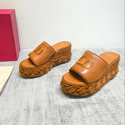 VALENTINO 26S WEDGE SLIDE SANDALS 110MM IN TAN BROWN CALFSKIN WITH BRAIDED ROPE PLATFORM