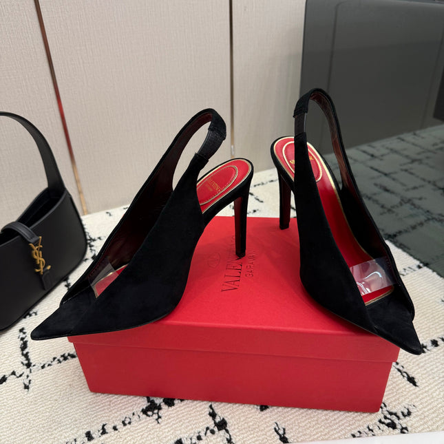 VALENTINO 26S POINTED-TOE SLINGBACKS IN BLACK SUEDE