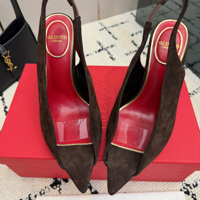 VALENTINO 26S POINTED-TOE SLINGBACKS IN DARK BROWN SUEDE