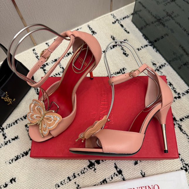 VALENTINO 26S ANKLE-STRAP BUTTERFLY SANDALS IN NUDE PINK CALFSKIN