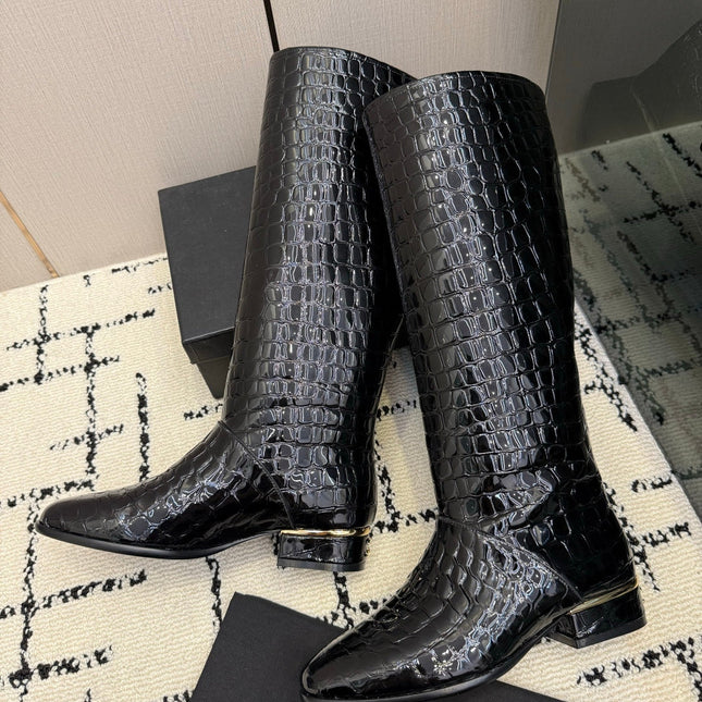 CHANEL 26S TALL BOOTS IN BLACK CALFSKIN CROCODILE EMBOSSED