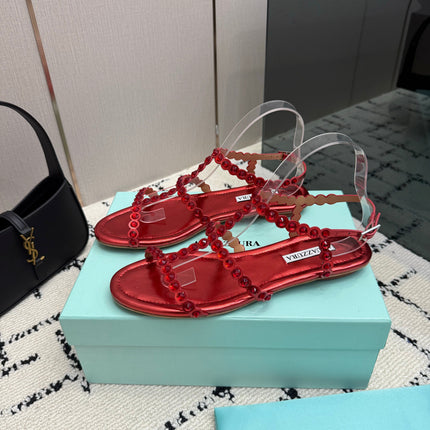 AQUAZZURA 26S FLAT SANDALS IN METALLIC RED LAMBSKIN CRYSTAL-EMBELLISHED
