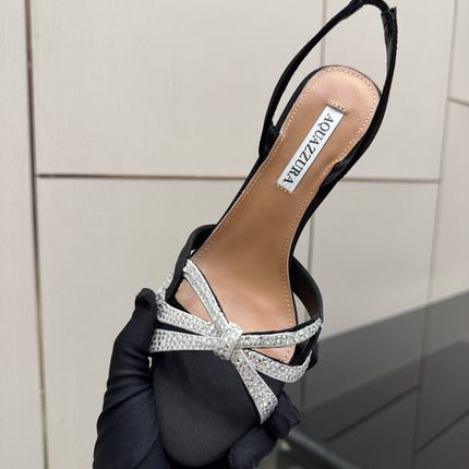 AQUAZZURA 26S HEEL SANDALS 80 MM IN BLACK SATIN CRYSTAL STONES