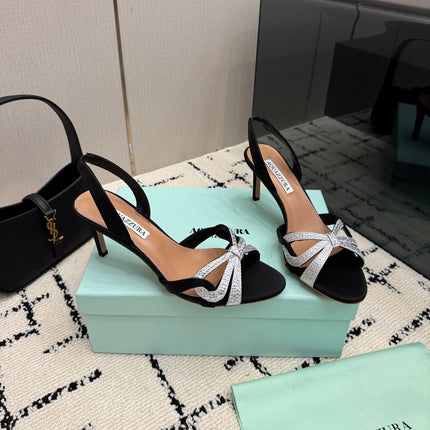 AQUAZZURA 26S HEEL SANDALS 80 MM IN BLACK SATIN CRYSTAL STONES