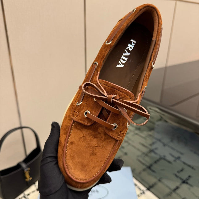 PRADA 26S LOAFERS IN COGNAC BROWN SUEDE WITH RUBBER SOLE