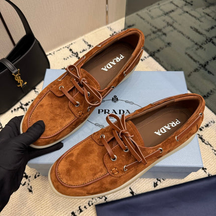 PRADA 26S LOAFERS IN COGNAC BROWN SUEDE WITH RUBBER SOLE