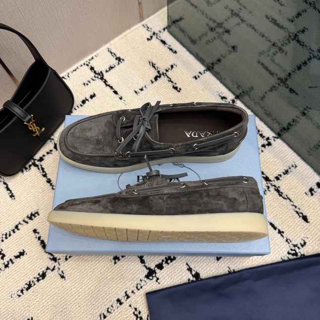 PRADA 26S LOAFERS IN SLATE GREY SUEDE WITH RUBBER SOLE