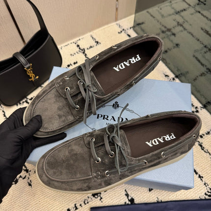 PRADA 26S LOAFERS IN SLATE GREY SUEDE WITH RUBBER SOLE