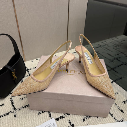 JIMMY CHOO 26S SLINGBACK PUMPS 75 MM IN BEIGE LACE