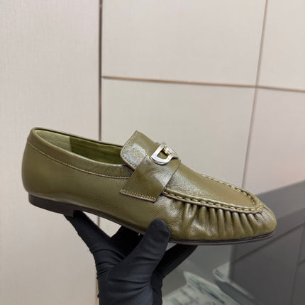 CHRISTIAN LOUBOUTIN 26S LOAFERS IN OLIVE GREEN CALFSKIN WITH SILVER HARDWARE