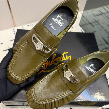 CHRISTIAN LOUBOUTIN 26S LOAFERS IN OLIVE GREEN CALFSKIN WITH SILVER HARDWARE