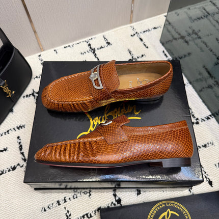 CHRISTIAN LOUBOUTIN 26S LOAFERS IN COGNAC BROWN SNAKE-EMBOSSED CALFSKIN