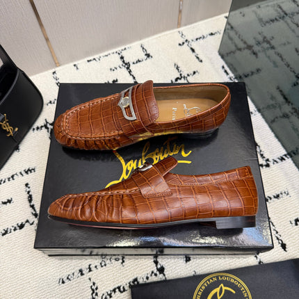 CHRISTIAN LOUBOUTIN 26S LOAFERS IN COGNAC BROWN CROCODILE-EMBOSSED CALFSKIN