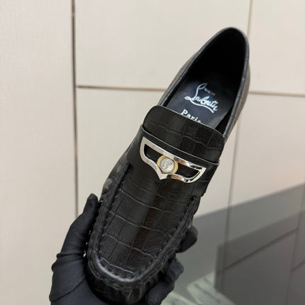 CHRISTIAN LOUBOUTIN 26S LOAFERS IN BLACK CROCODILE-EMBOSSED CALFSKIN