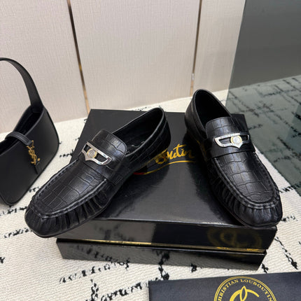 CHRISTIAN LOUBOUTIN 26S LOAFERS IN BLACK CROCODILE-EMBOSSED CALFSKIN