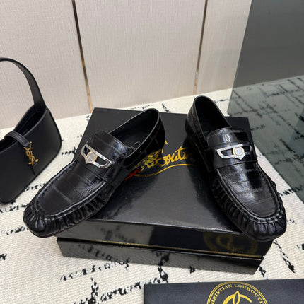 CHRISTIAN LOUBOUTIN 26S LOAFERS IN BLACK SHINY CROCODILE-EMBOSSED CALFSKIN